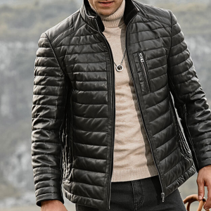 Men’s Quilted Black Leather Puffer Jacket