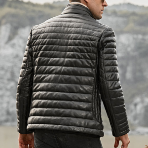 Men’s Quilted Black Leather Puffer Jacket
