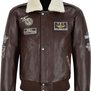 Men’s Airforce Patch Leather Brown Bomber Jacket
