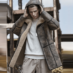 Men’s B7 Hooded Long Aviator Shearling Leather Coat