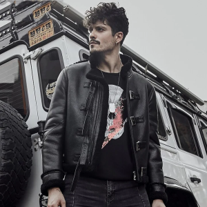 Men’s Black Sheepskin Buckle Aviator Jacket