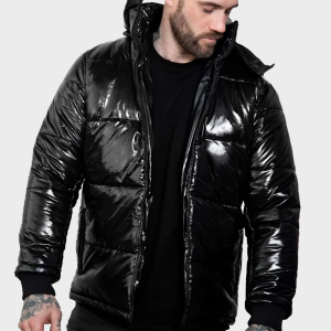 Black Shiny Puffer Jacket with Hood