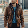 Men’s Brown Genuine Leather Motorcycle Jacket with Removable Hood
