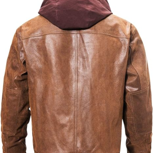 Men’s Brown Genuine Leather Motorcycle Jacket with Removable Hood