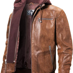 Men’s Brown Genuine Leather Motorcycle Jacket with Removable Hood