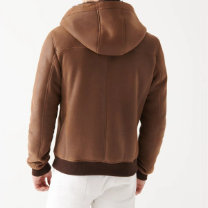 Men’s Brown Hooded Shearling Leather Bomber Jacket