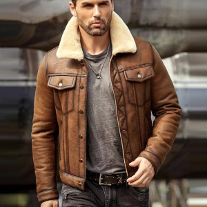 Men’s Brown Shearling Collar Trucker Leather Jacket