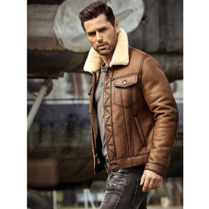 Men’s Brown Shearling Collar Trucker Leather Jacket
