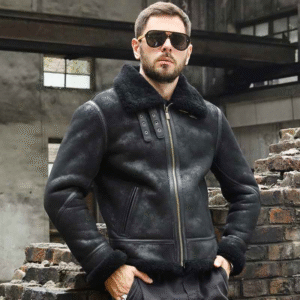 Men’s Distressed Black Shearling Aviator Jacket