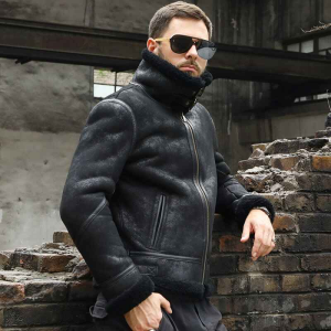 Men’s Distressed Black Shearling Aviator Jacket