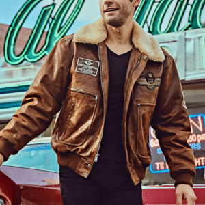 Men's Aviator Leather Bomber Jacket with Removable Collar