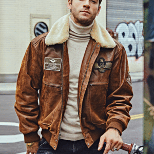 Men's Aviator Leather Bomber Jacket with Removable Collar
