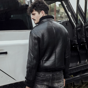 Men’s Black Sheepskin Buckle Aviator Jacket