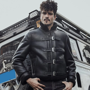 Men’s Black Sheepskin Buckle Aviator Jacket