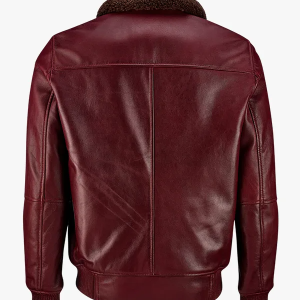 Men’s Wine Red Bomber Leather Jacket with Fur Collar