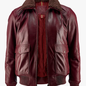 Men’s Wine Red Bomber Leather Jacket with Fur Collar