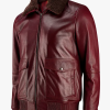 Men’s Wine Red Bomber Leather Jacket with Fur Collar