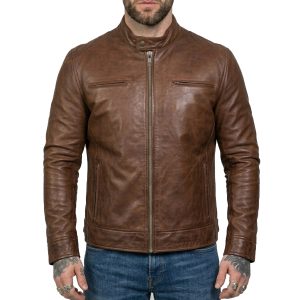 Men's Cafe Racer Cognac Real Leather Jacket
