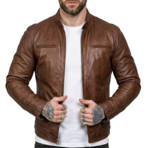 Men's Cafe Racer Cognac Real Leather Jacket