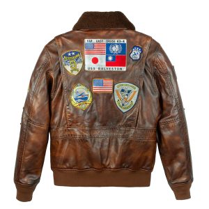 Brown Bomber Jacket with Embroidered Patches Aviator Pilot Jacket