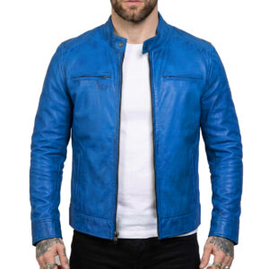 Men's Blue Real Lambskin Leather Cafe Racer Jacket