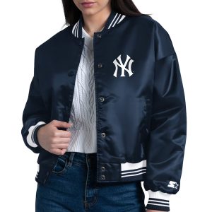 New York Yankees Starter Navy Printed Logo Cropped Satin Varsity Full-Snap Jacket