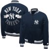Women's NY Yankees Starter Navy Printed Logo Cropped Satin Varsity Full-Snap Jacket