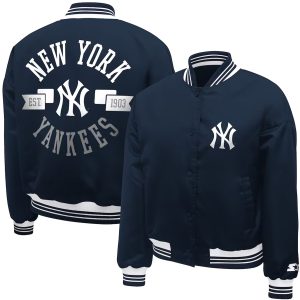 Women's NY Yankees Starter Navy Printed Logo Cropped Satin Varsity Full-Snap Jacket