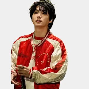 BTS-ARIRANG-Toronto-Suga-Red-Satin-Bomber-Jacket.