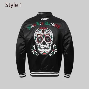Pro-Standard-Viva-Los-Raiders-Sugar-Skull-Satin-Bomber-Jacket-Black