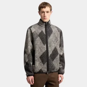 Diamond Pattern Wool Blend Zip-Up Cardigan
